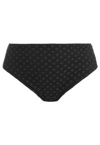 Černé vysoké bikiny s nohavičkou vyrobené z texturovaného materiálu s diamantovým vzorem. Mají hladké okraje a design s plným pokrytím.