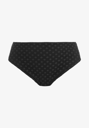 Zwarte high-waisted bikinionderkant van gestructureerd materiaal met een diamanten patroon. Heeft gladde randen en een volledige dekking.