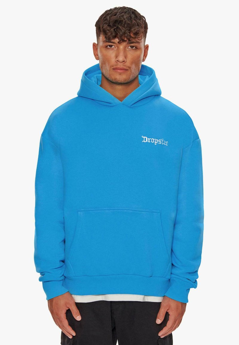 Blaues Baumwoll-Hoodie mit einer Fronttasche, gerippten Bündchen und einer Kapuze mit Kordelzug. Mit dem weißen "Dropsize"-Logo auf der Brust.