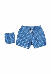 Pantaloni da bagno blu con motivo a stelle, vita elasticizzata con cordino e una borsa di stoccaggio compatta abbinata. Tessuto morbido.