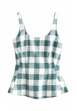 Damski top bez rękawów w zielono-białą kratę, z kwadratowym dekoltem i rozszerzaną talią.