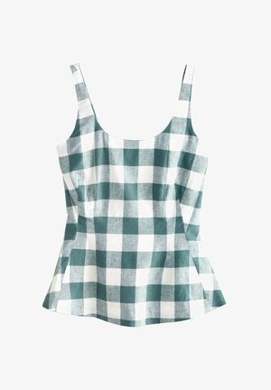 Top da donna senza maniche con motivo a quadretti verdi e bianchi, scollo quadrato e vita svasata.