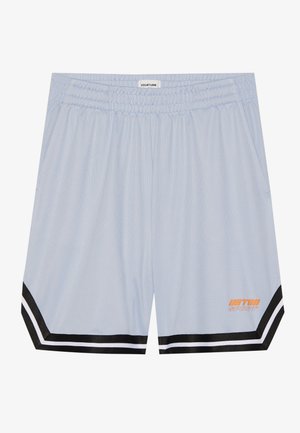Shorts atletici azzurro chiaro in tessuto a rete, con vita elastica, tasche laterali, orlo a righe bianche e nere e dettaglio del logo arancione "ULTRA SPORT".