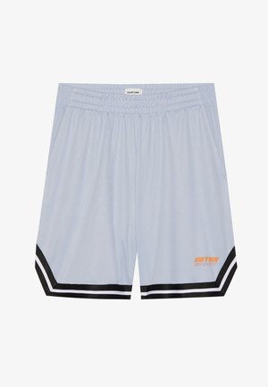 Shorts atletici azzurro chiaro in tessuto a rete, con vita elastica, tasche laterali, orlo a righe bianche e nere e dettaglio del logo arancione "ULTRA SPORT".