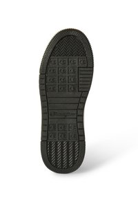 Schwarze Gummisohle mit strukturierten Griffmustern, einschließlich quadratischer und Zickzack-Designs. Mit eingeprägtem "Champion"-Logo.