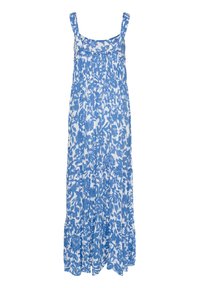 Maxikleid mit blau-weißen Blumenmuster, quadratischem Ausschnitt, verstellbaren Trägern und gestuftem Rüschensaum, aus leichtem Stoff gefertigt.