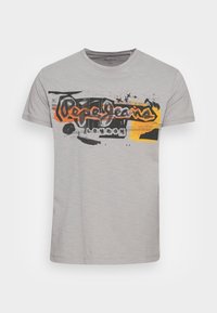 Light gray short-sleeve T-shirt with round neck, featuring abstract black, orange, and yellow graphic design and "Pepe Jeans London" text across the chest.