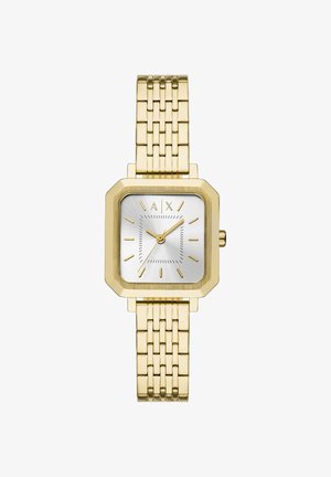 Zlata kvadratna ročna ura z povezanim zapestjem, srebrnim številčnico, zlatimi oznakami za ure in tremi zlatimi kazalci, ki prikazujejo 1:10:35.