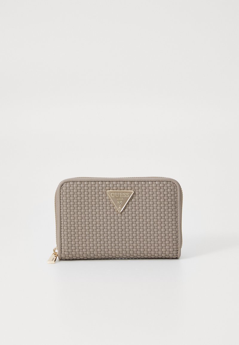 Beige woven wallet with a gold triangular logo on the front. Features a zip closure and a textured surface. Compact rectangular shape.