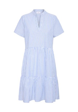 Blå og hvid stribet kjole med korte ærmer, en v-formet halsudskæring og en lagdelt flæsekant. Fremstillet af let stof.