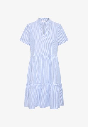 Vestido a rayas azul y blanco con mangas cortas, escote en forma de V y dobladillo con volantes en capas. Fabricado en tejido ligero.