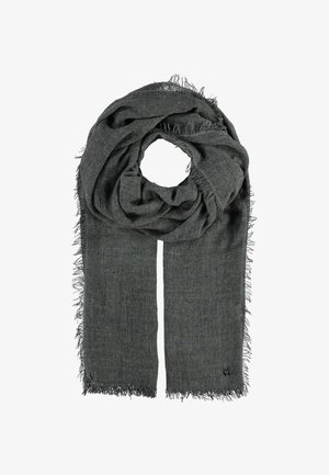 Dark gray scarf with a soft texture, featuring frayed edges and a subtle woven pattern. Lightweight and designed for versatility.