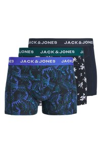 Τρία ζευγάρια αντρικά μποξεράκια με λάστιχο μέσης με την επωνυμία Jack & Jones σε μπλε, πράσινο και μαύρο, με σχέδια φύλλων και λουλουδιών.
