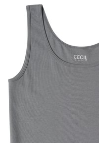 Débardeur gris en coton sans manches avec col rond et inscription "CECIL ESSENTIALS" imprimée à l'intérieur du col arrière.