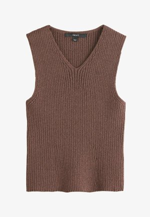 Hnedá pletená bezrukávová vesta s výstrihom do V a rebrovanou textúrou, označená "NEXT", vyrobená v Číne.