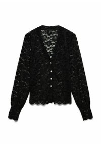 Cardigan in pizzo nero con maniche lunghe, orlo smerlato, scollo a V e chiusura con cinque bottoni. Presenta un motivo floreale su tutto il tessuto.