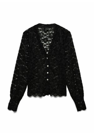 Czarny koronkowy kardigan z długimi rękawami, falowanym dołem, dekoltem w kształcie litery V oraz zapięciem na pięć guzików. Całość ozdobiona floralnym wzorem na całej tkaninie.
