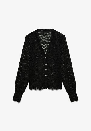 Svart blondercardigan med lange ermer, bølget kant, V-hals og fem knappelukkinger. Har blomstertrykk over hele stoffet.