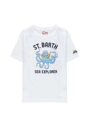 T-shirt bianca a maniche corte con un polpo blu in stile cartone animato che indossa attrezzatura per snorkeling e testo "ST. BARTH SEA EXPLORER" sul davanti.