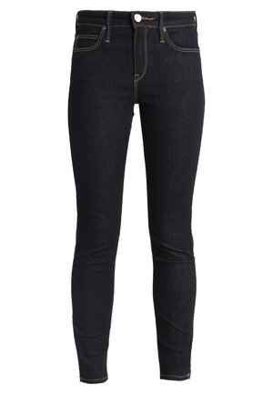 Slank jeans i mørk denim med et klassisk fem-lomme design, kontrastfarvet orange syning, metal knaplukning og en tætsiddende pasform.