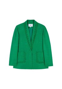 Green blazer featuring a scalloped neckline, two front pockets, and a single button closure. Made from textured fabric,  tailored fit.