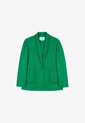 Green blazer featuring a scalloped neckline, two front pockets, and a single button closure. Made from textured fabric,  tailored fit.