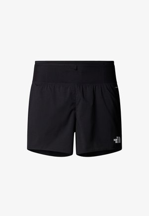 Black running shorts with a textured fabric, elastic waistband, and a small white logo on the lower right side.
