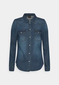 Dark blue denim shirt with a pointed collar, long sleeves, and two chest pockets. Features silver snap buttons and a curved hemline.