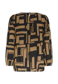 Black and gold patterned blouse with long sleeves, featuring a geometric design, rounded neckline, and a keyhole back closure.