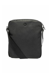 Borsa a tracolla in pelle nera con finitura texturizzata, caratterizzata da una cucitura diagonale e un logo impresso sul davanti. Include una tracolla regolabile.