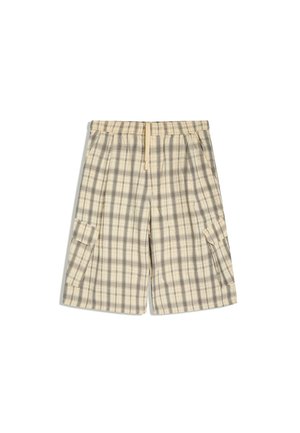 Beige und graue karierte Cargo-Shorts mit elastischem Bund, Kordelzug und Klappentaschen auf beiden Seiten, flach auf weißem Hintergrund liegend.