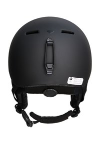 Schwarzer mattierter Skihelm mit Belüftungsöffnungen, verstellbarem Hinterrad, Kinnriemen und einem Herstellermodell auf der Rückseite.