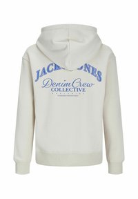Felpa crema con cappuccio, con testo blu sul retro che recita "JACK & JONES Denim Crew COLLECTIVE," e polsini e orlo a costine.