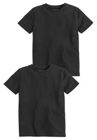 Två svarta kortärmade t-shirts visas, med rund halsringning och en enfärgad textur; färgen är enhetlig genom hela plagget.