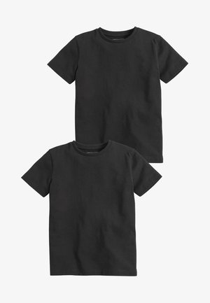 Dva črna kratkosleeve majici, ki sta prikazani, imata okroglo ovratnik in enostavno teksturo; barva je dosledna po celotnem izdelku.