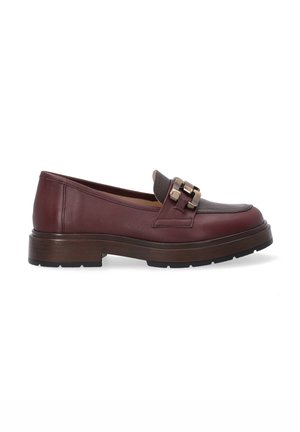 Burgundy leather loafer with a rounded toe, decorative gold-tone buckle accents, and a sturdy brown rubber sole.