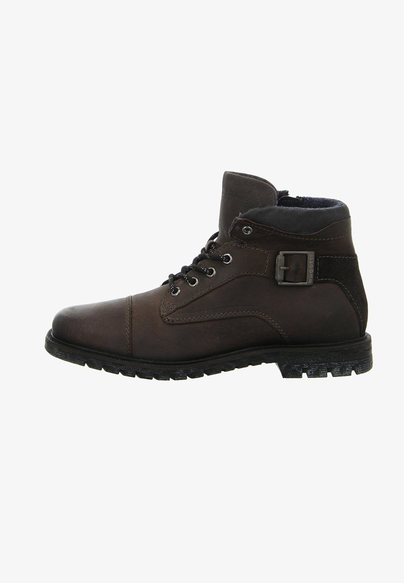 Braune Leder-Ankle-Boots mit runder Zehenpartie, Schnürung an der Vorderseite, Schnallen-Detail an der Seite, gepolstertem Kragen und strukturiertem Gummisohle für besseren Halt.