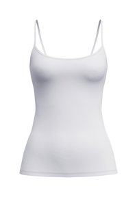 Witte tanktop van zacht materiaal, met dunne schouderbandjes en een aansluitend ontwerp, gladde textuur zonder patronen of accenten.