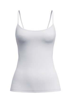 Weißes Tanktop aus weichem Stoff mit dünnen Trägern und figurbetontem Schnitt, glatte Textur ohne Muster oder Akzente.