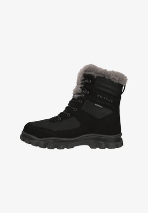 Zwarte waterdichte winterlaars met een gestructureerde bovenkant, een nepbontkraag en een robuuste zool. Bevat veters en een logo aan de zijkant.
