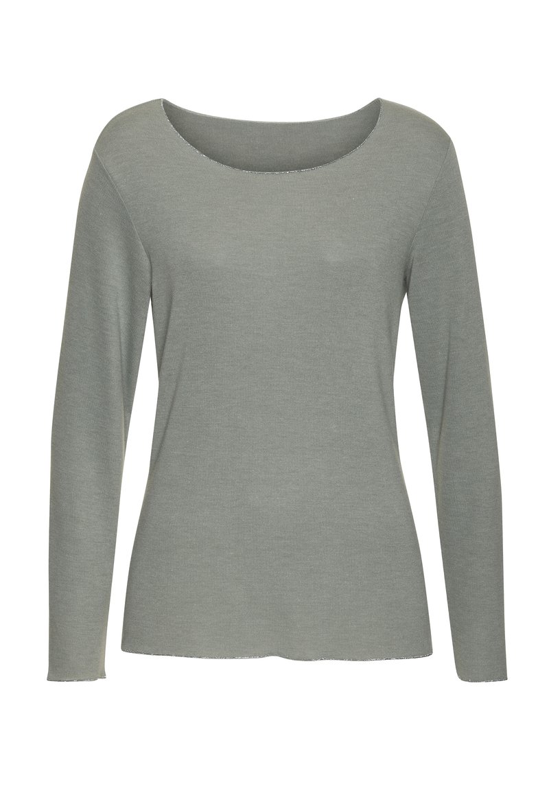 Langarmtop mit Rundhalsausschnitt aus weichem, hellgrauem Rippstoff. Bietet eine lockere Passform mit leicht abgerundetem Saum und ohne sichtbare Nähte.