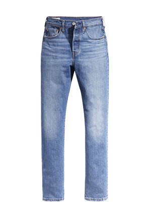 Hellblaue Denim-Jeans mit geradem Bein, fünf Taschen und kontrastierenden Nähten. Der Stoff sieht leicht abgerieben aus.