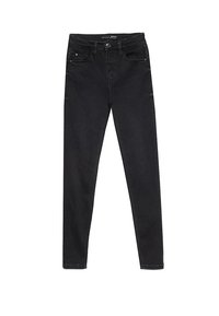 Black denim skinny jeans with a fitted silhouette, five-pocket design, button closure, and subtle stitching details.