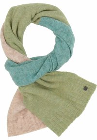 Écharpe multicolore en vert, bleu-vert et rose pâle. Fabriquée en tissu doux, avec une texture côtelée et un petit accent métallique rond.