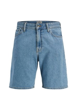 Shorts di jeans blu con chiusura frontale a bottone e cerniera, passanti per cintura e tasche anteriori, mostrati su uno sfondo bianco.