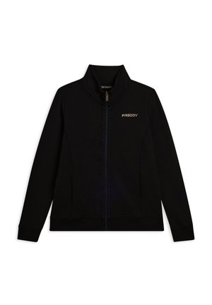 Veste zippée noire avec col haut, manches longues, poches latérales et logo "FREDDY" sur la poitrine.
