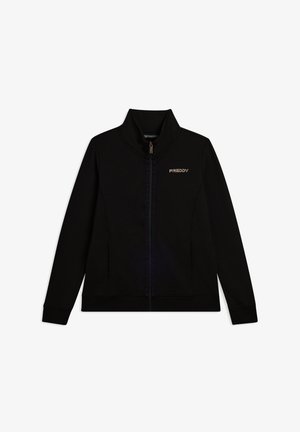 Veste zippée noire avec col haut, manches longues, poches latérales et logo "FREDDY" sur la poitrine.