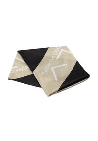 Sciarpa di seta in beige e nero con motivo geometrico e marchio bianco. Il design presenta linee diagonali e colori contrastanti.