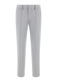 Pantalon gris clair sur mesure avec plis devant, passants de ceinture et fermeture avant dissimulée.