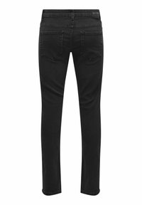 Schwarze Jeans aus Denim mit schlanker Passform, ausgestattet mit einem Fünf-Taschen-Design, Gürtelschlaufen und dezenten Nähten auf den Hintertaschen.